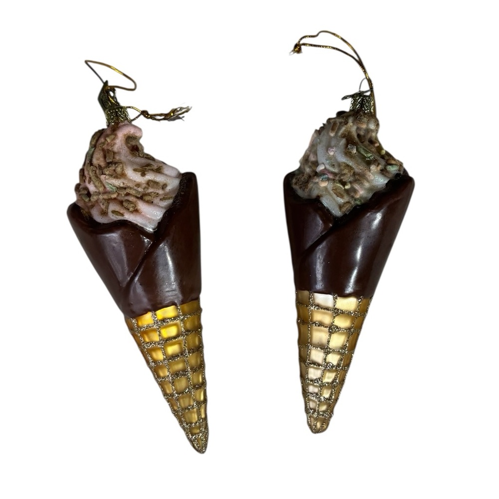 2 Chocolate Ice Cream Waffle Cone Ornaments Sweet Treat Candy Christmas Tree